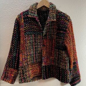 Rainbow Artsy Boho Woven Handmade Chanille Fabric Cardigan Sweater Size M/L.